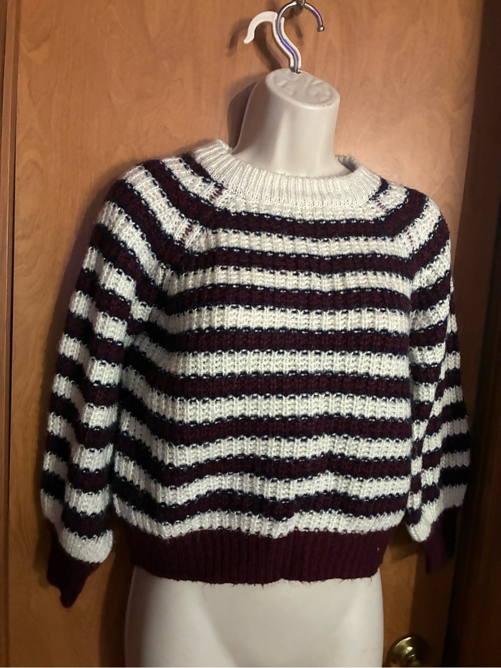 Striped Crewneck Sweater in White and Deep Wine